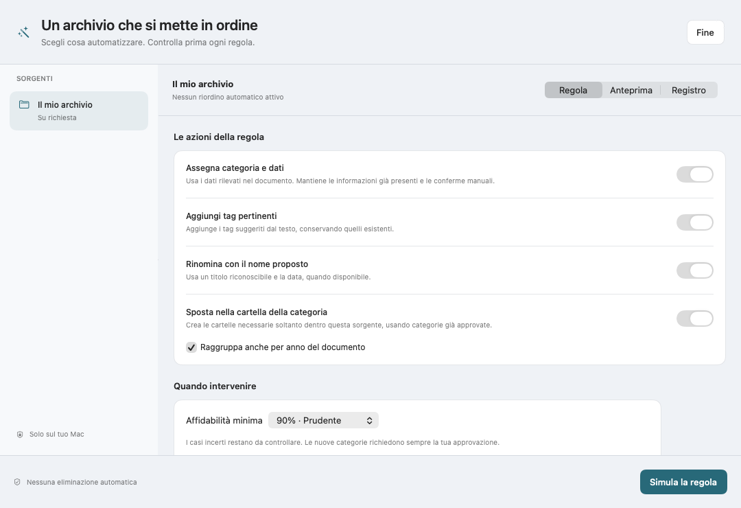 Schermata reale delle regole Doculea per categoria, dati, tag, rinomina e cartelle, prima della simulazione